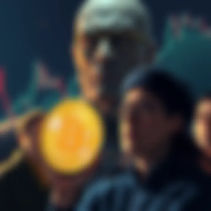 A group of Bitcoin holders looking worried as market graphs dip, while large institutional figures loom in the background, creating a sense of tension.