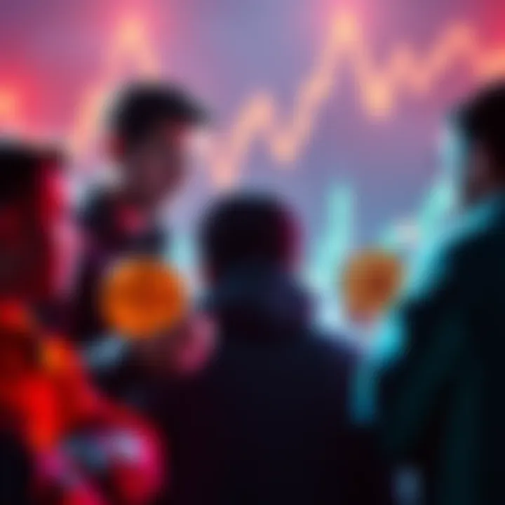 A group of Bitcoin holders discussing their investment strategies despite a market crash, with charts showing price drops in the background.