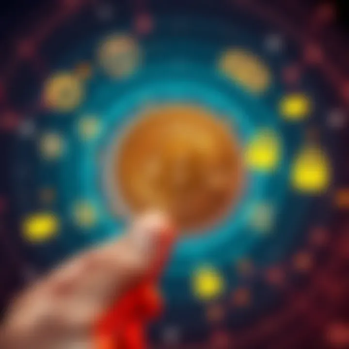 Bitcoin held in hand A person holding a physical Bitcoin with a thoughtful expression, surrounded by digital wallet icons and security symbols