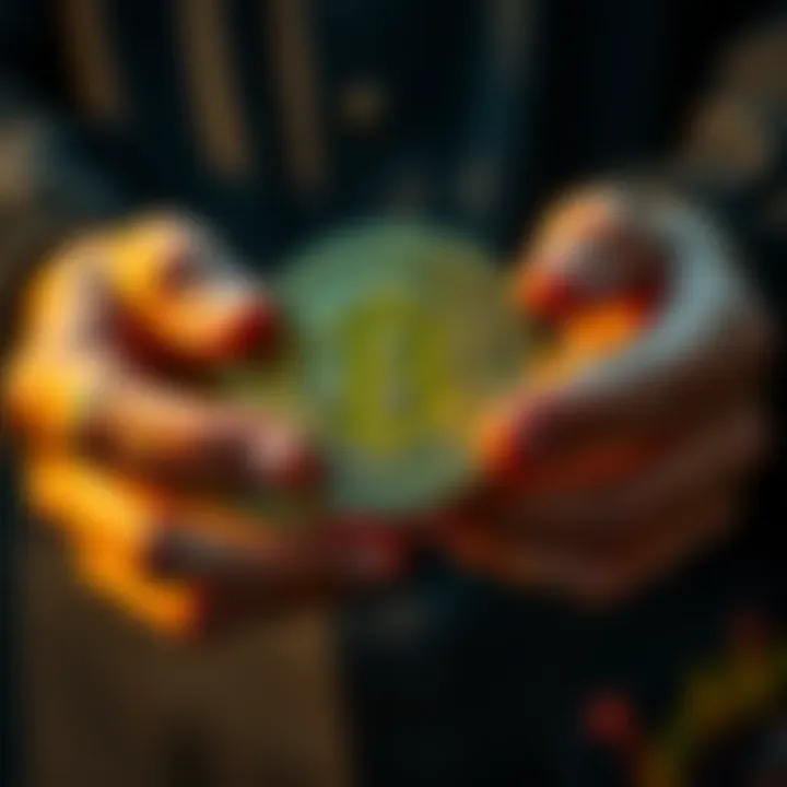 A close-up of hands holding Bitcoin coins, symbolizing the importance of holding onto Bitcoin during stable market times.