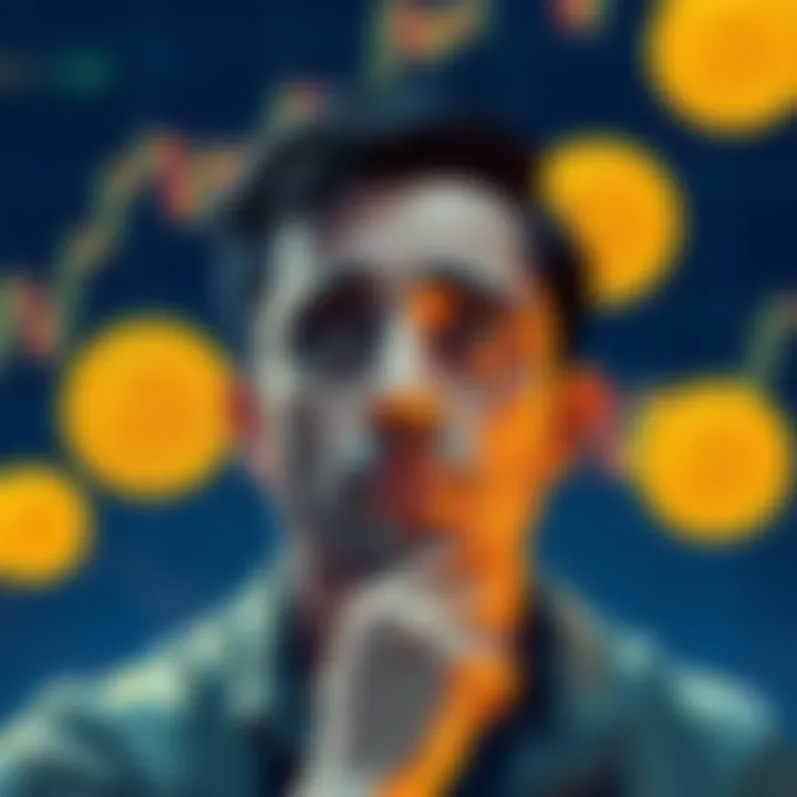 A person contemplating selling Bitcoin with a worried expression, surrounded by fluctuating price graphs and Bitcoin symbols.