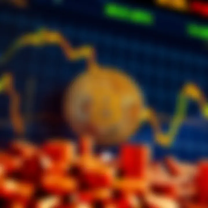 Chart showing bitcoin price drop with a large bitcoin symbol, representing Strategy's potential sale decision.