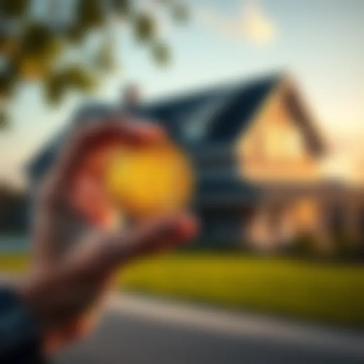 A hand holding a physical bitcoin with a house in the background, symbolizing cryptocurrency in real estate offers.
