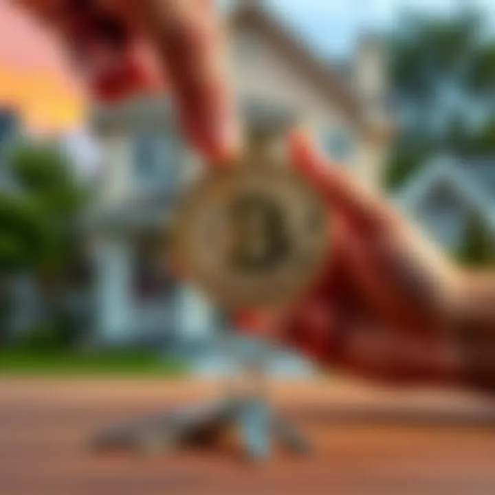A hand holding Bitcoin coins in front of a house with keys on a table