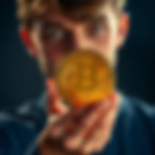A person holding a Bitcoin symbol with a thoughtful expression, symbolizing their realization of Bitcoin's value.