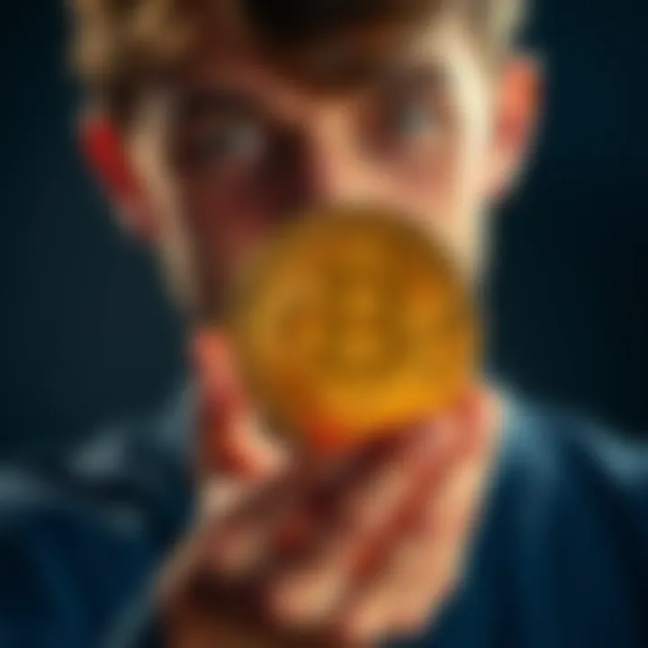 A person holding a Bitcoin symbol with a thoughtful expression, symbolizing their realization of Bitcoin's value.