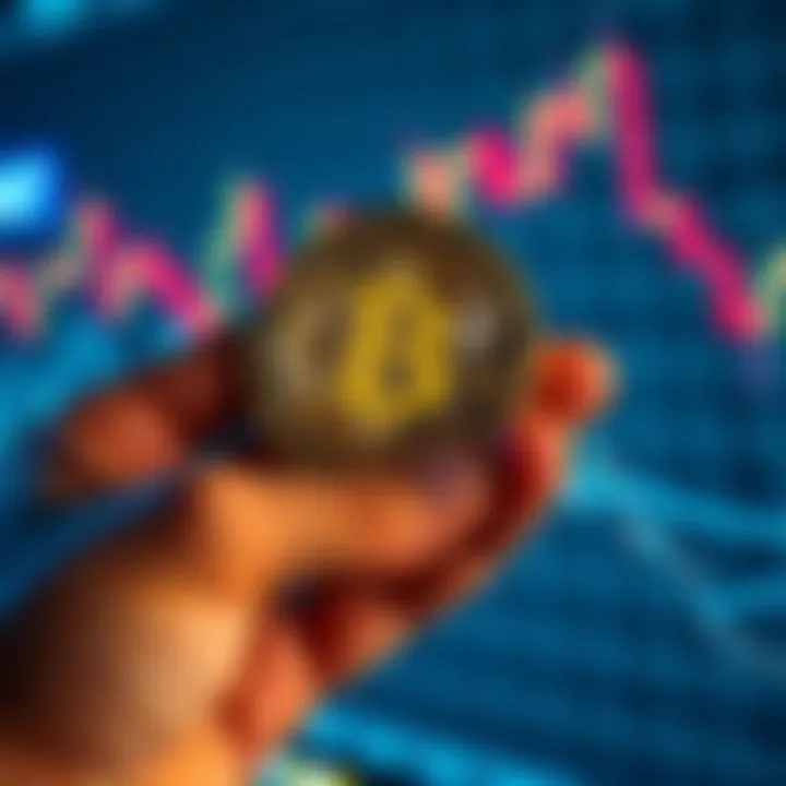 Person holding a Bitcoin with a fluctuating market graph in the background