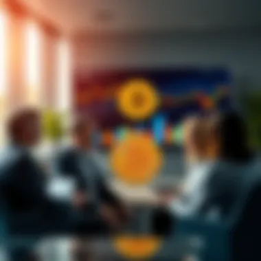 A group of businesspeople discussing Bitcoin in a modern office setting, with charts and graphs showing market trends on a screen in the background.
