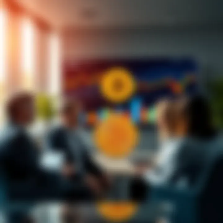 Bitcoin and Institutional Investors A group of businesspeople discussing Bitcoin in a modern office setting, with charts and graphs showing market trends on a screen in the background.