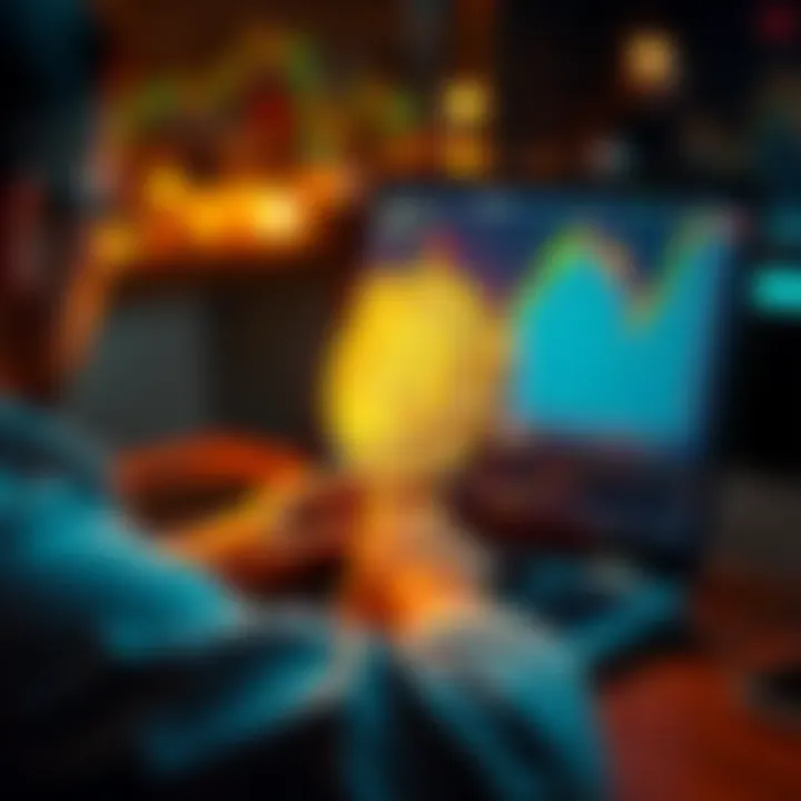 A person analyzing charts on a laptop with a Bitcoin logo on the screen, symbolizing investing in Bitcoin.