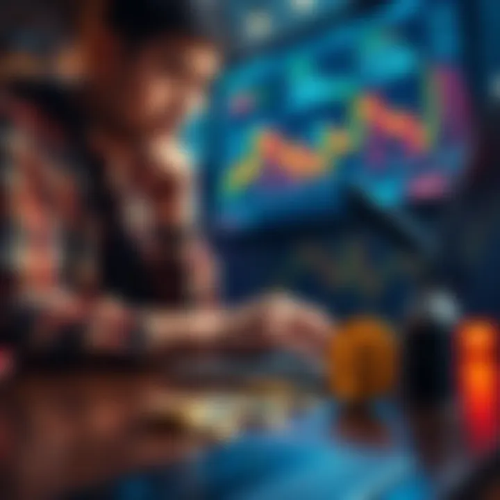 A person contemplating investing in Bitcoin, with a laptop showing cryptocurrency charts and coins on a table.