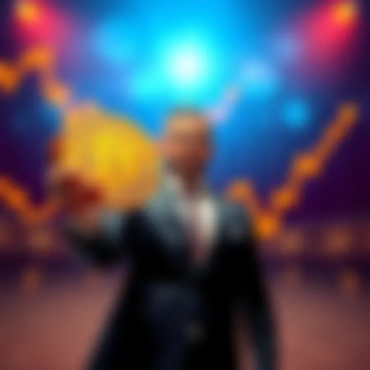 A businessman holding a Bitcoin symbol with a chart in the background showing rising prices.