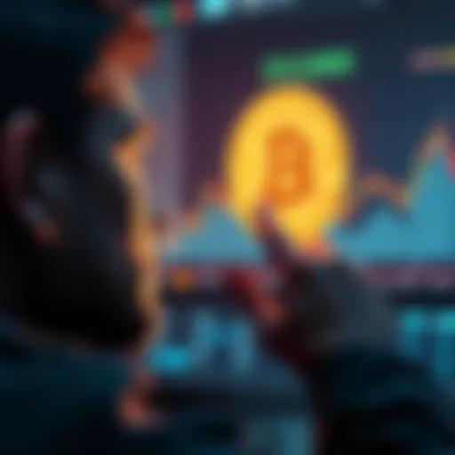 A person looking at a graph showing Bitcoin's price with a $12,000 label, symbolizing investment in cryptocurrency, with a thoughtful expression.