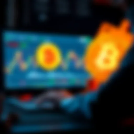 A person looking at a graph of Bitcoin prices, considering an investment decision, with a laptop and cryptocurrency symbols in view.