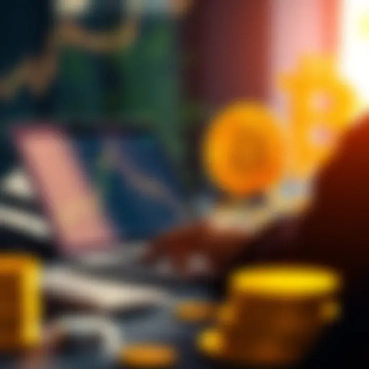 A person analyzing Bitcoin trends on a laptop, with dollar bills and a Bitcoin symbol in the background.