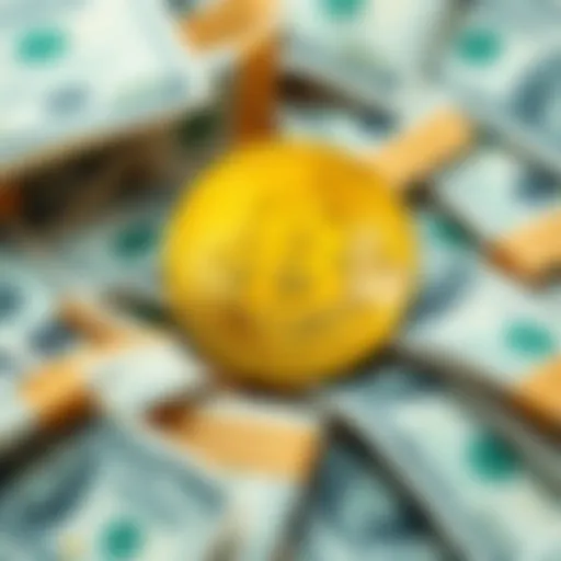 A golden Bitcoin coin surrounded by U.S. dollar bills, symbolizing investment in cryptocurrency amid inflation.