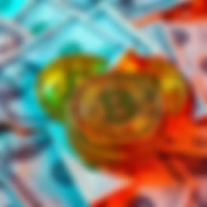 A collection of Bitcoin coins resting on top of scattered dollar bills, symbolizing investment and financial value.