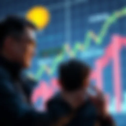 A person advising a younger brother to invest in Bitcoin, with a graph showing Bitcoin prices rising in the background.