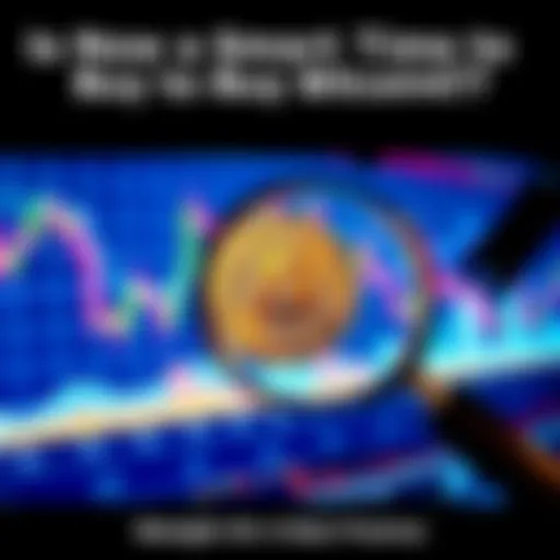 A graph showing Bitcoin price trends with a magnifying glass, indicating market analysis for potential investors.