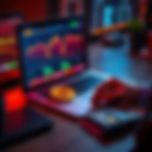 A beginner looks at Bitcoin charts on a laptop, with a wallet and cash beside it.