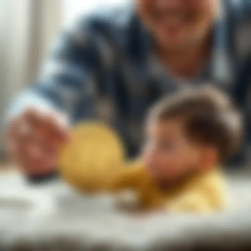 A parent holding a Bitcoin symbol with a toddler playing beside them, representing a future investment in cryptocurrency for their child.