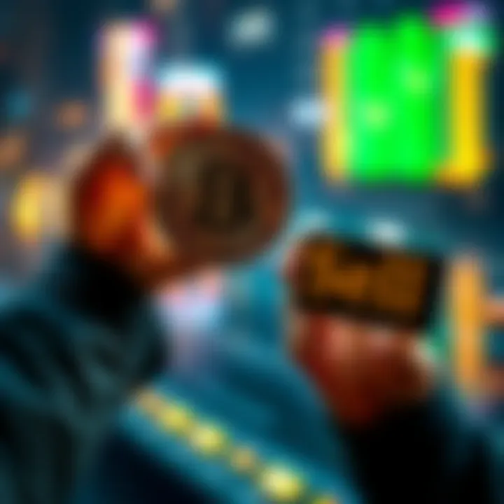 A person is holding a Bitcoin in one hand and a sign that says 'Sell' in the other, illustrating the choice between holding and selling Bitcoin during market changes.