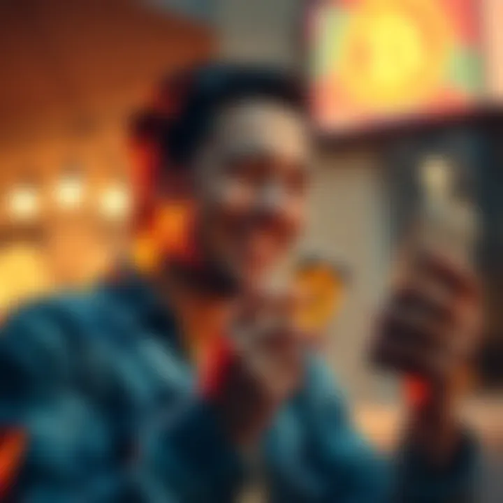 A person joyfully investing in Bitcoin with a smartphone and smiling, signifying a new financial journey.
