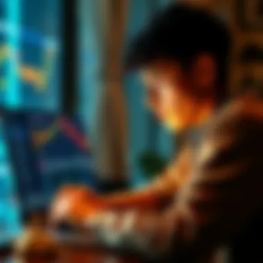 Bitcoin Investment Concept A young person looking at a laptop screen showing a Bitcoin chart, thinking about financial independence.