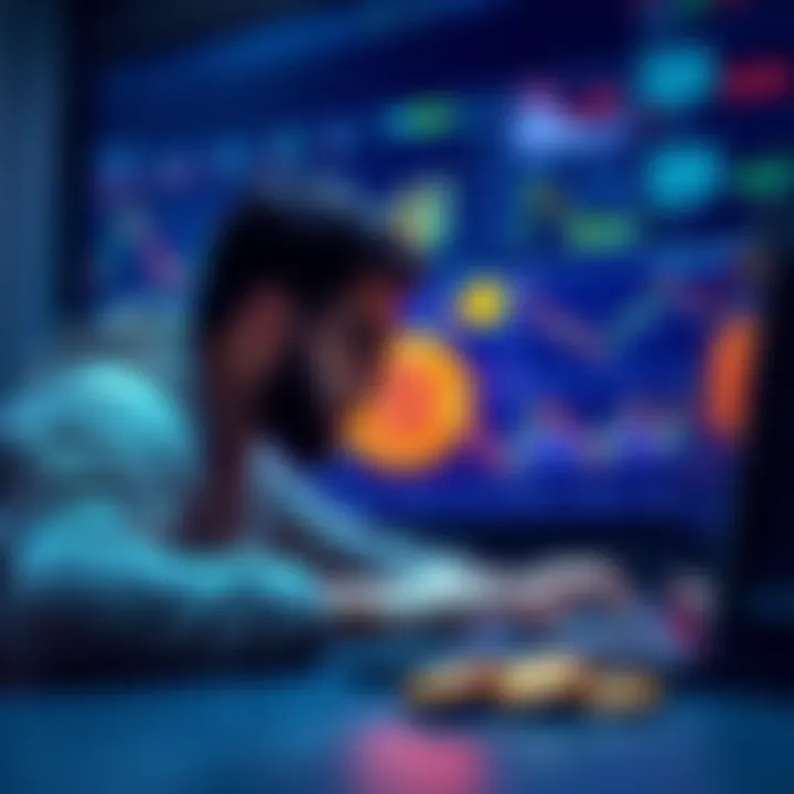 A beginner looking at a laptop screen with Bitcoin symbols and graphs, pondering their first investment.
