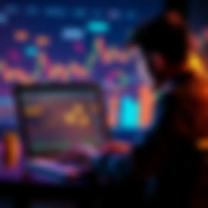 A person looking at a Bitcoin chart on a laptop, considering investment options. The backdrop shows cryptocurrency symbols and graphs.