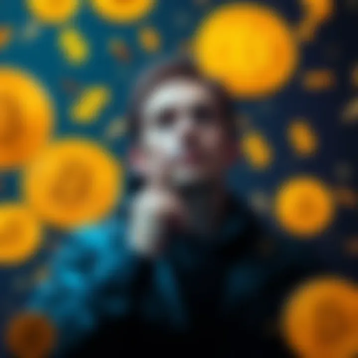Bitcoin Investment Concept A person considering how much money to invest in Bitcoin, surrounded by Bitcoin symbols and dollar signs, reflecting investment strategies.