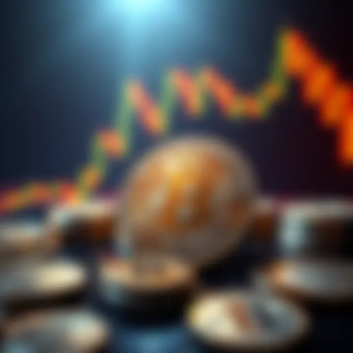 A visual representation of Bitcoin investments featuring coins and a fluctuating chart in the background.