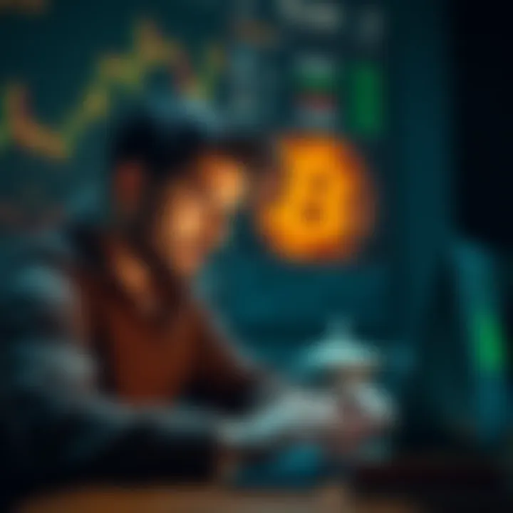 A 35-year-old man looks at Bitcoin charts and financial news on a laptop, contemplating a $20,000 investment.