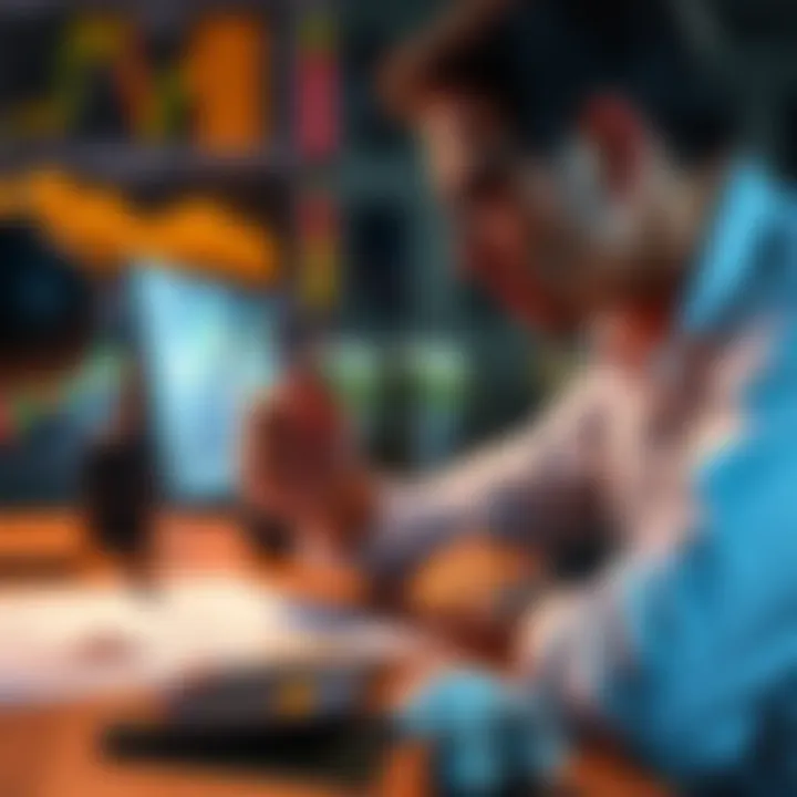 Individual looking at Bitcoin charts with a loan document and calculator on a table