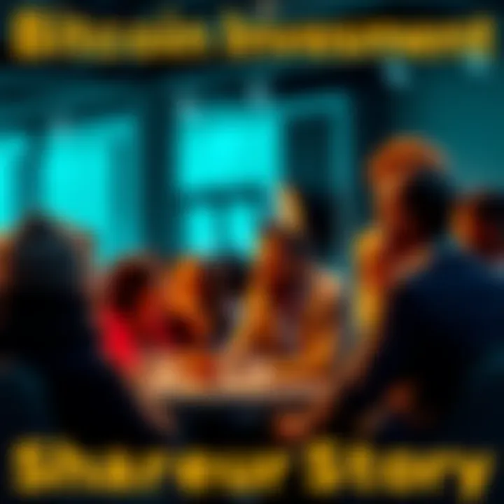 A diverse group of people discussing their reasons for investing in Bitcoin, with one person sharing a story.