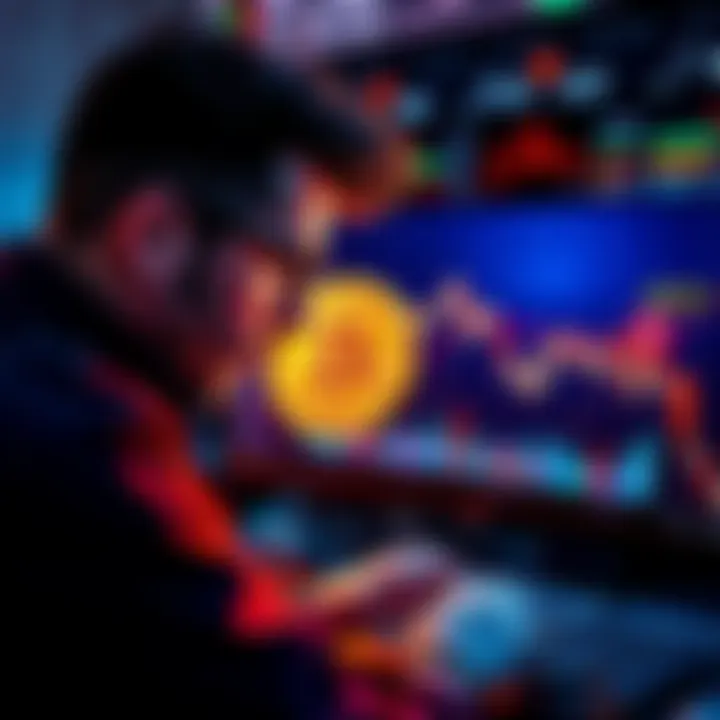 Bitcoin Investment Decision A trader looks at a chart showing Bitcoin price fluctuations, contemplating the risks of buying at high values, surrounded by financial symbols.