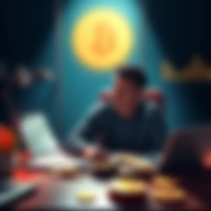 A person sitting at a desk contemplating investing money in Bitcoin with charts and cash on the table