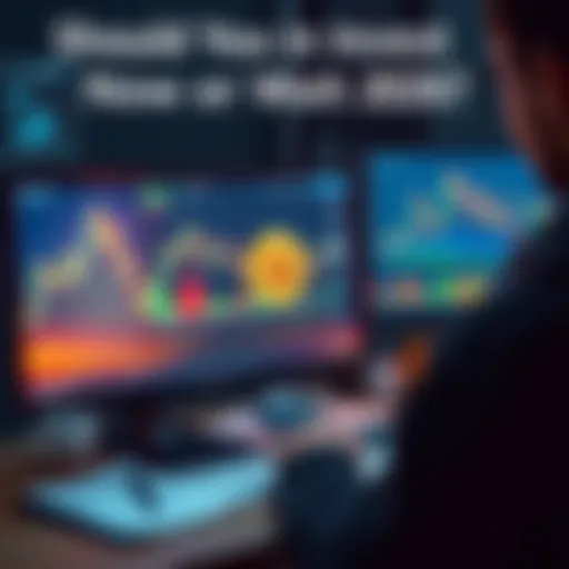 A person looking at a computer screen with Bitcoin charts, pondering whether to invest now or wait, surrounded by notes and a calculator.