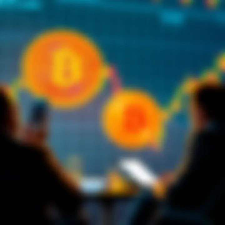 Group of people discussing Bitcoin investment opportunities with charts and graphs in the background