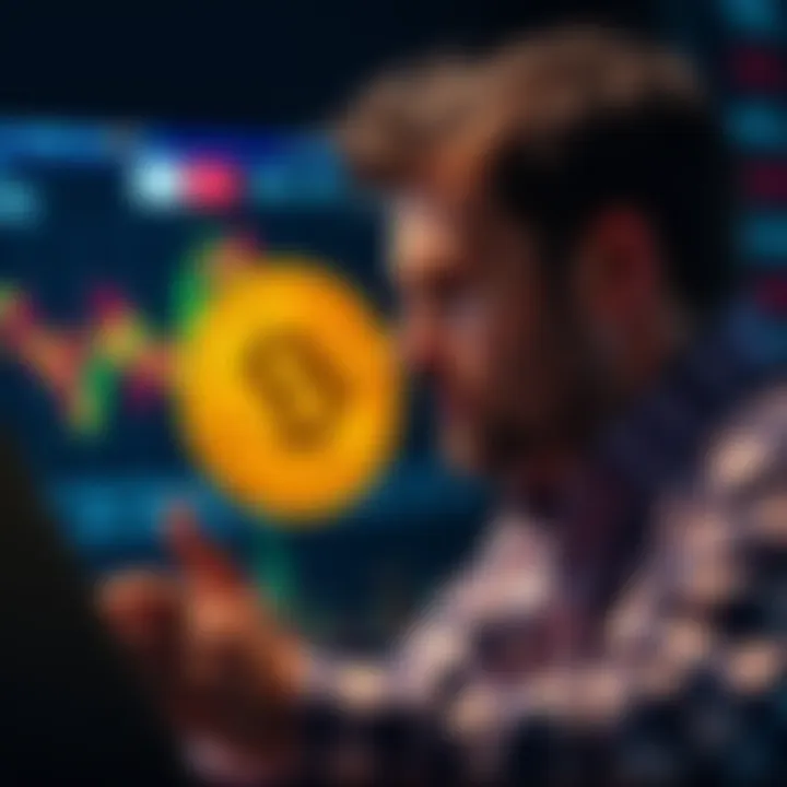 Bitcoin Investment Discussion An investor contemplating their decision to buy Bitcoin, looking at a chart showing market fluctuations.