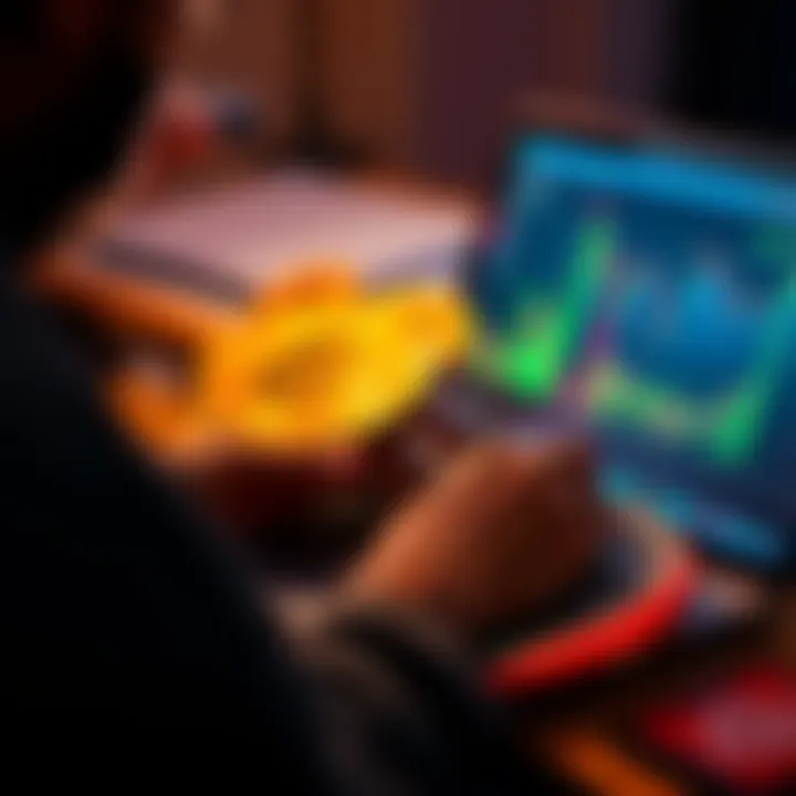 Bitcoin Investment Discussion A person analyzing Bitcoin investment options with a calculator and charts on a laptop