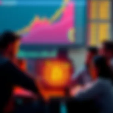 A group of people engaging in conversation about Bitcoin investment strategies, with charts and graphs displayed on a laptop screen.