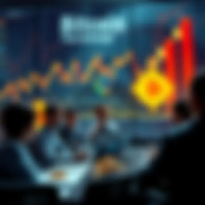A group of people discussing Bitcoin investment with charts and graphs in the background, symbolizing corporate adoption and market trends.