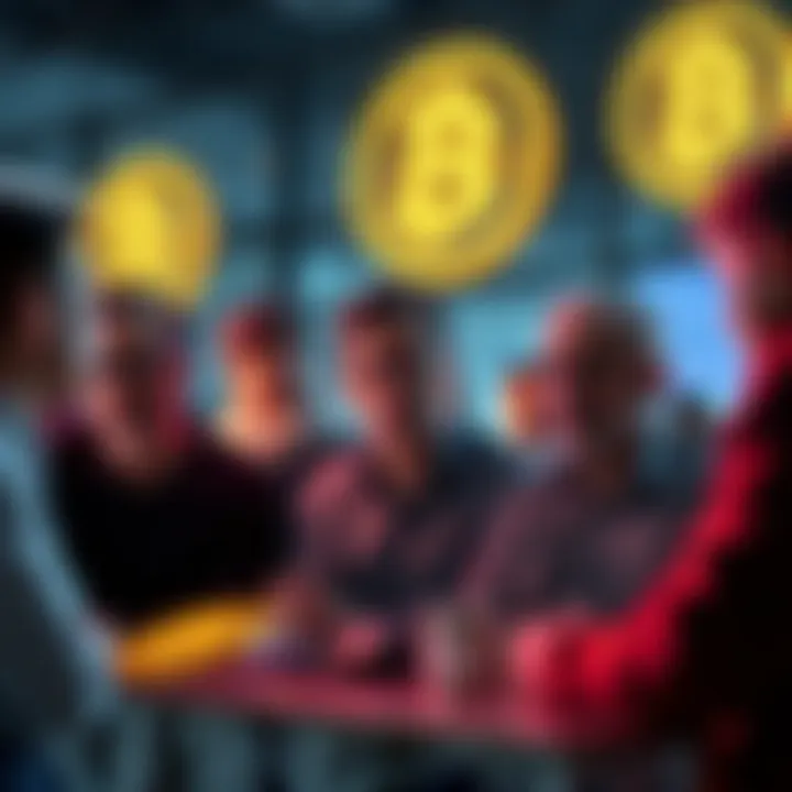 A group of people discussing Bitcoin, some looking skeptical while others appear interested in the investment opportunity.