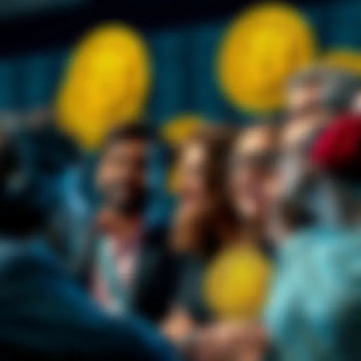 A group of people discussing their Bitcoin investment experiences, showing expressions of joy and contemplation, with Bitcoin logos in the background.