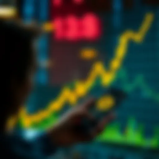 A graph showing a rising trend in Bitcoin prices alongside a person looking at a smartphone with Bitcoin app open