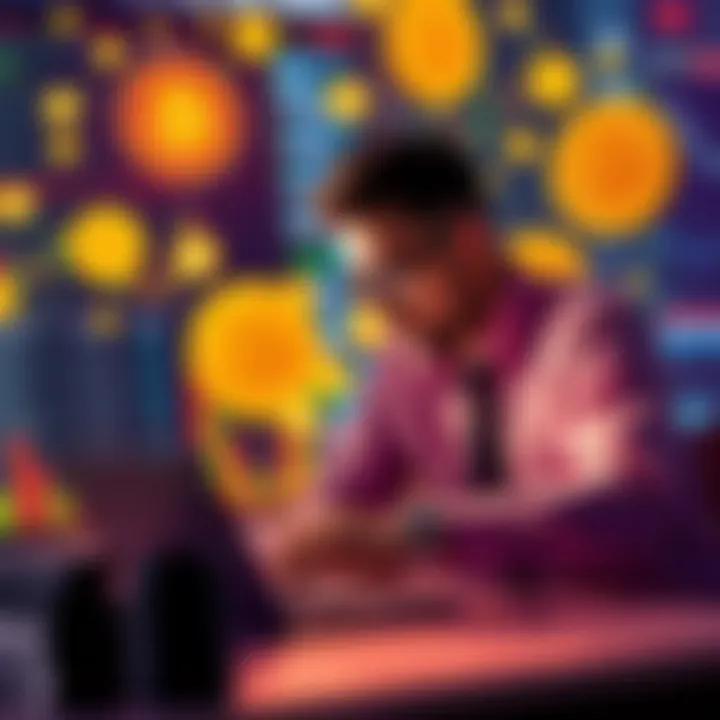 A person analyzing Bitcoin charts and financial data on a laptop, surrounded by symbols of digital currency and graphs