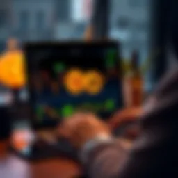 A person using a laptop to research cryptocurrency investments with Bitcoin graphics on the screen