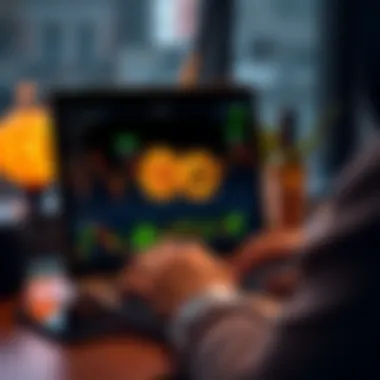 A person using a laptop to research cryptocurrency investments with Bitcoin graphics on the screen