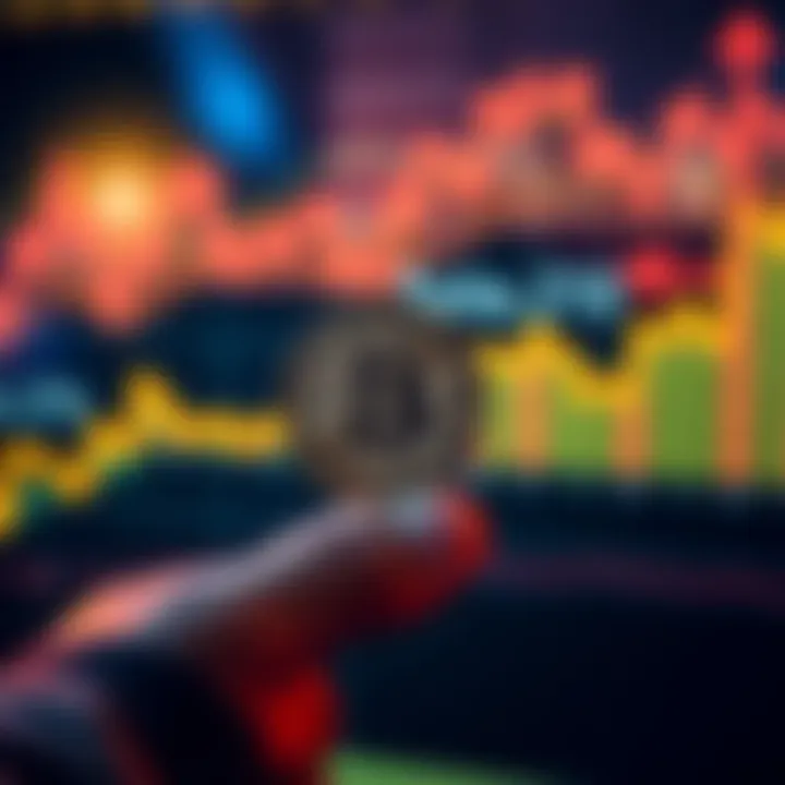 A person holding a small Bitcoin token with a graph showing steady growth in the background